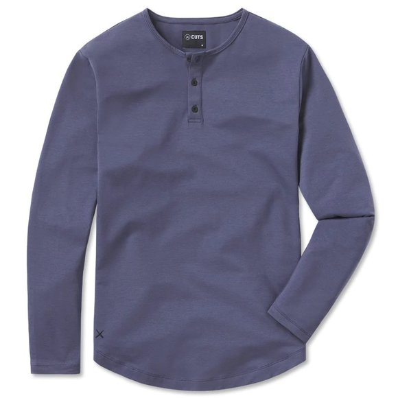 Cuts Clothing Men's Henley Curve Hem Signature Fit Long Sleeve Tee - Moonshadow - Picture 1 of 9